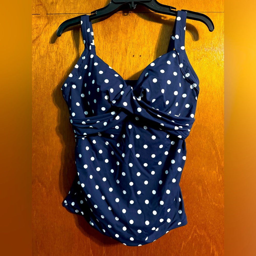 Lands' End Navy Blue Polka Dot Tankini Top Swimsuit
